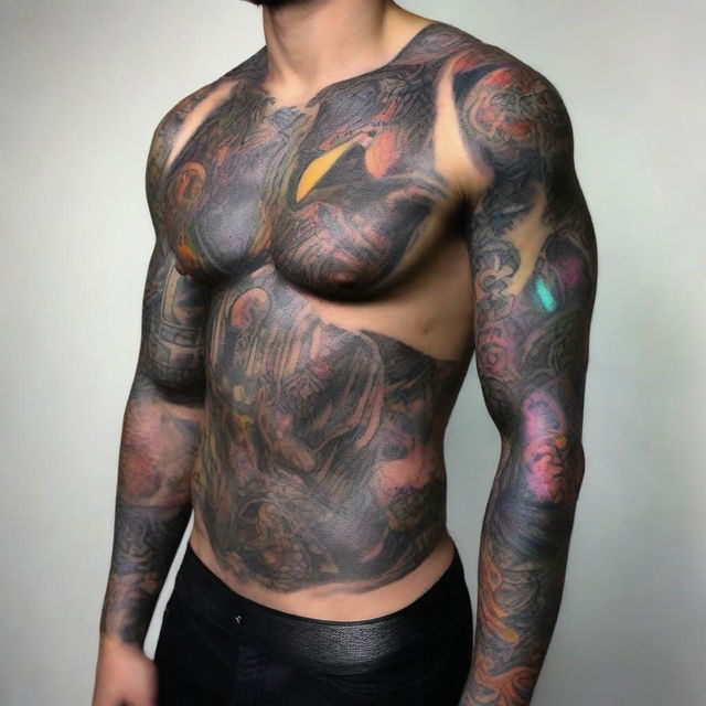 A hyper-realistic depiction of a UFC fighter from the year 2100, his body adorned with vibrant, glowing tattoos