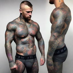 A hyper-realistic depiction of a UFC fighter from the year 2100, his body adorned with vibrant, glowing tattoos