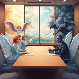 A whimsical and imaginative scene depicting angels and demons in a meeting room setting, complete with a long conference table