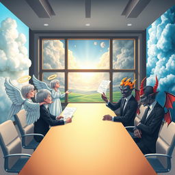 A whimsical and imaginative scene depicting angels and demons in a meeting room setting, complete with a long conference table
