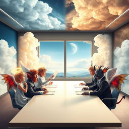 A whimsical and imaginative scene depicting angels and demons in a meeting room setting, complete with a long conference table