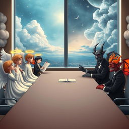 A whimsical and imaginative scene depicting angels and demons in a meeting room setting, complete with a long conference table