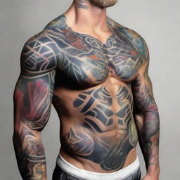 A hyper-realistic depiction of a UFC fighter from the year 2100, his body adorned with vibrant, glowing tattoos