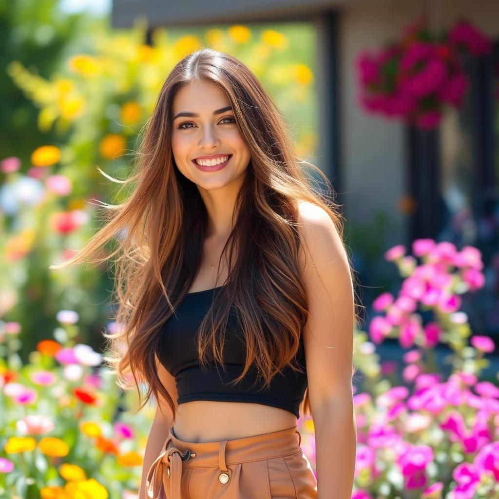 A beautiful young woman with an attractive figure, featuring long flowing hair and a cheerful smile