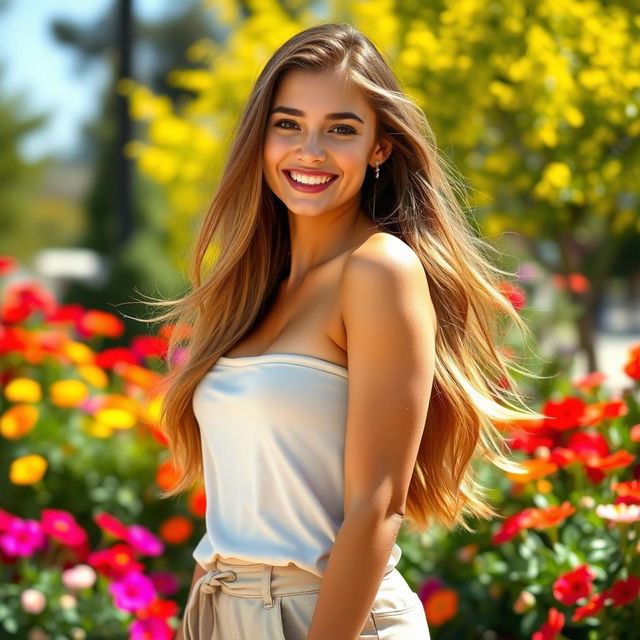 A beautiful young woman with an attractive figure, featuring long flowing hair and a cheerful smile