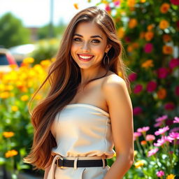 A beautiful young woman with an attractive figure, featuring long flowing hair and a cheerful smile