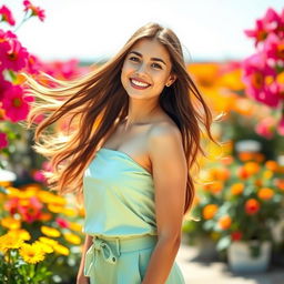 A beautiful young woman with an attractive figure, featuring long flowing hair and a cheerful smile
