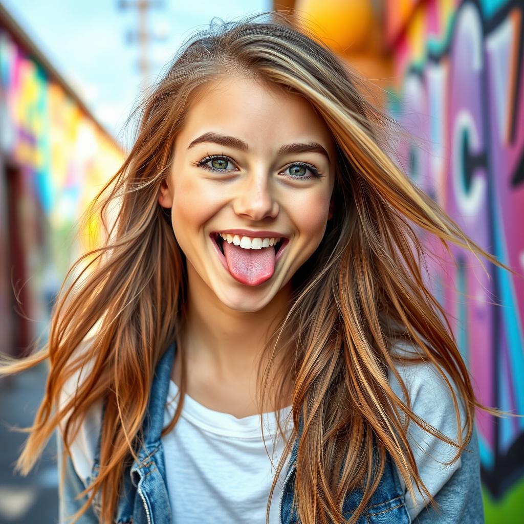 A lively and playful portrait of a teenage girl with long, flowing hair, expressing a fun and carefree attitude