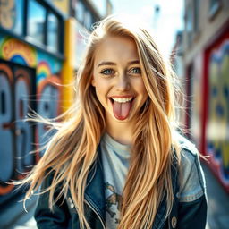 A lively and playful portrait of a teenage girl with long, flowing hair, expressing a fun and carefree attitude