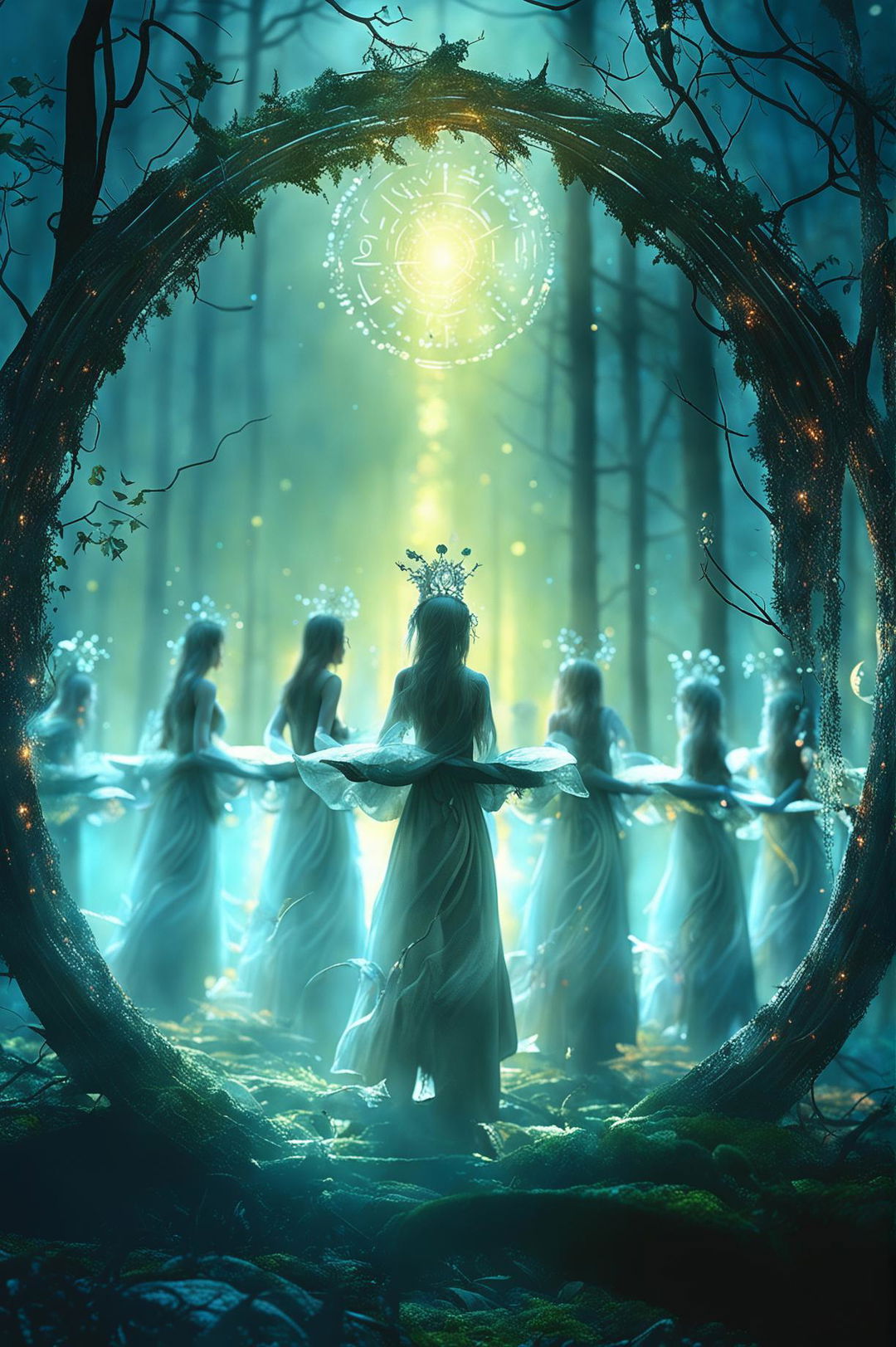 A high-definition digital art image depicting the Sidhe in a Fae Circle in an enchanting forest clearing