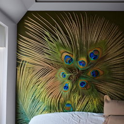 A bedroom wall featuring a vibrant design of Mor Pankh, the peacock feather, beautifully painted in its natural colors of green, blue, and gold.