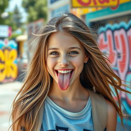 A lively and playful portrait of a teenage girl with long, flowing hair, expressing a fun and carefree attitude