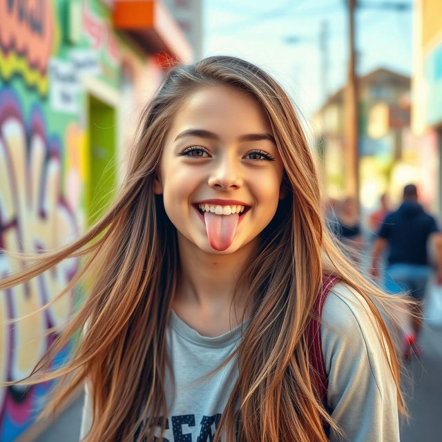 A lively and playful portrait of a teenage girl with long, flowing hair, expressing a fun and carefree attitude