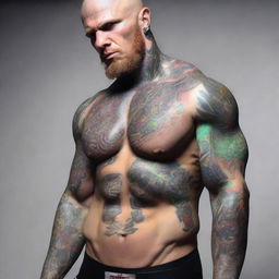 A hyper-realistic digital art image of a UFC fighter from the year 2100, his body adorned with vibrant, glowing tattoos