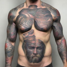 A hyper-realistic digital art image of a UFC fighter from the year 2100, his body adorned with vibrant, glowing tattoos