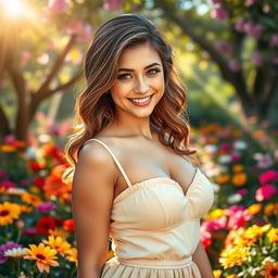 A beautiful young woman with an alluring smile, embodying youthful charm and sweetness, showcasing her busty figure