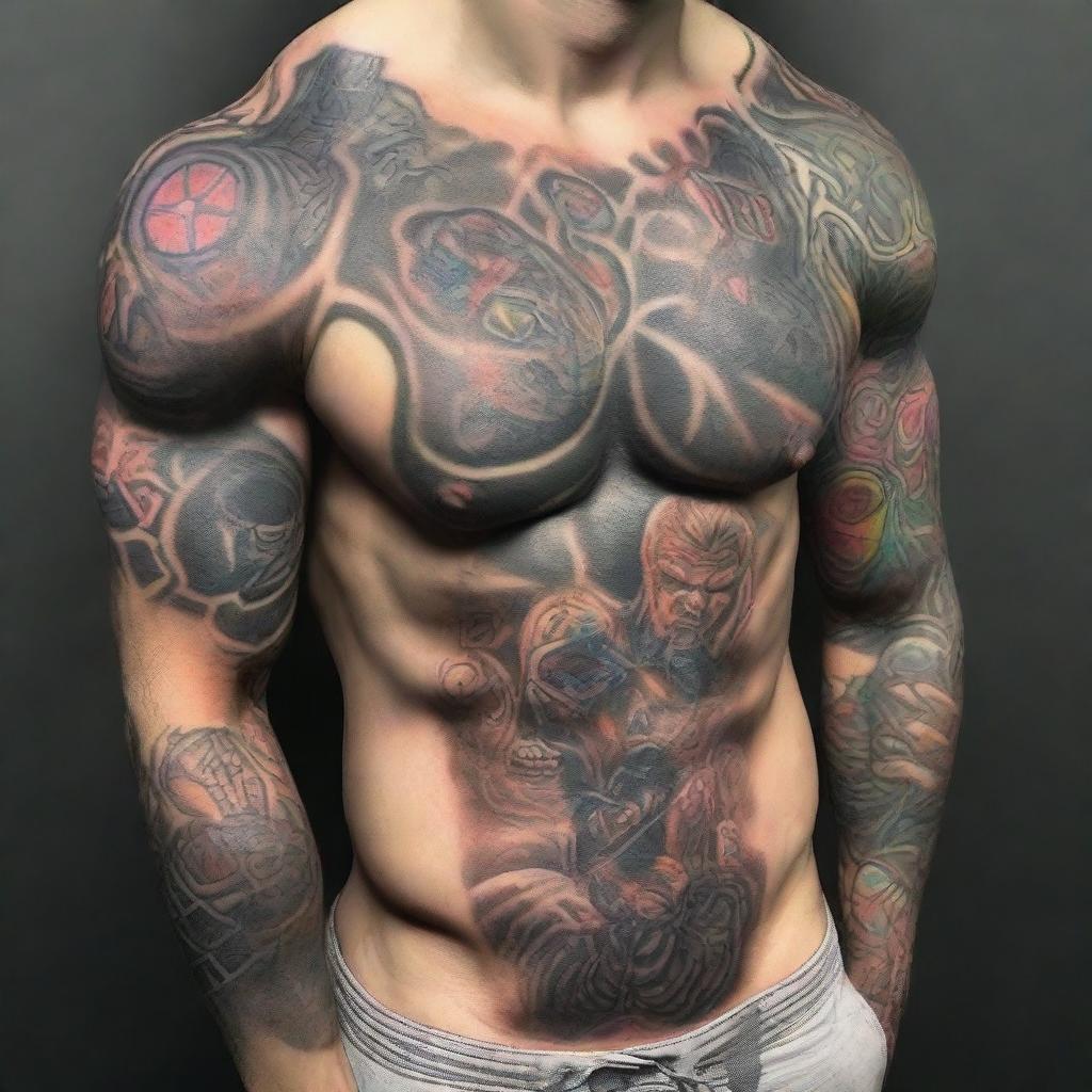 A hyper-realistic digital art image of a UFC fighter from the year 2100, his body adorned with vibrant, glowing tattoos