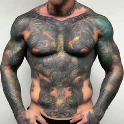 A hyper-realistic digital art image of a UFC fighter from the year 2100, his body adorned with vibrant, glowing tattoos