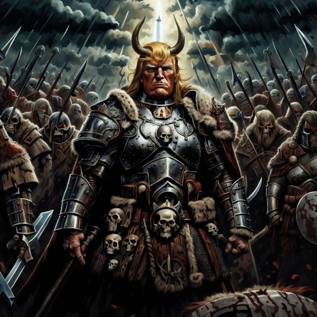 This is a digital art piece featuring Donald Trump in Viking attire, ready to battle an army of the dead