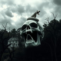A dark and ominous sky looms overhead, filled with thick, gray clouds