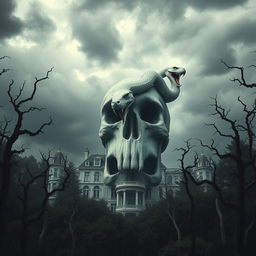 A dark and ominous sky looms overhead, filled with thick, gray clouds