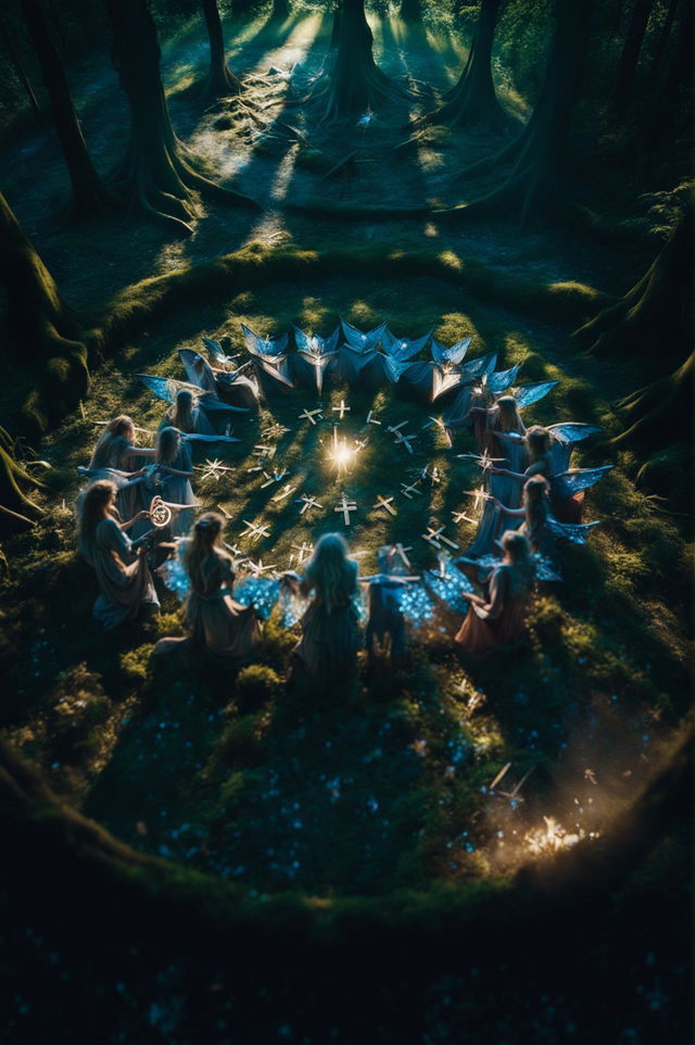 A high-definition cinematic photograph of the Sidhe in a Fae Circle in a forest clearing at twilight