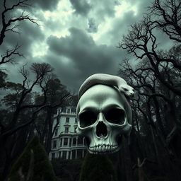 A dark and ominous sky looms overhead, filled with thick, gray clouds