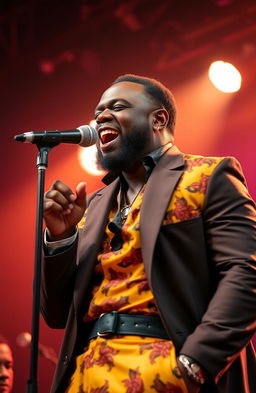 A powerful and soulful black man singing passionately into a microphone, wearing a vibrant, stylish outfit that embodies confidence and charisma