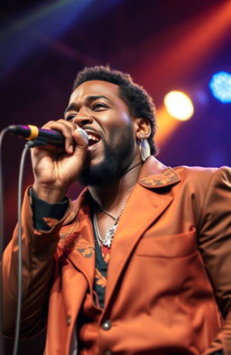 A powerful and soulful black man singing passionately into a microphone, wearing a vibrant, stylish outfit that embodies confidence and charisma