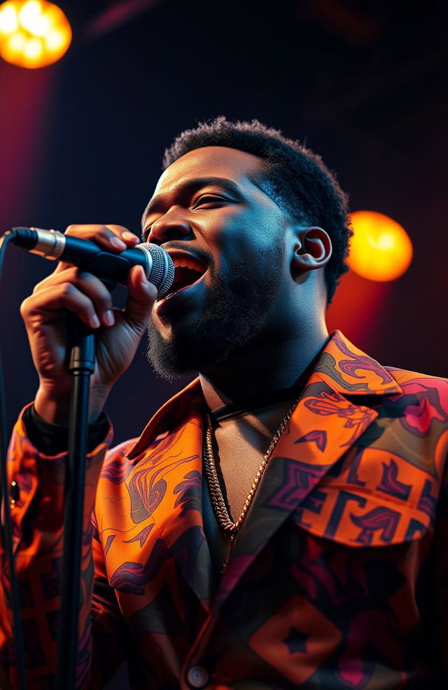 A powerful and soulful black man singing passionately into a microphone, wearing a vibrant, stylish outfit that embodies confidence and charisma