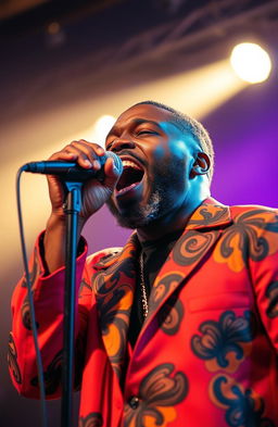 A powerful and soulful black man singing passionately into a microphone, wearing a vibrant, stylish outfit that embodies confidence and charisma