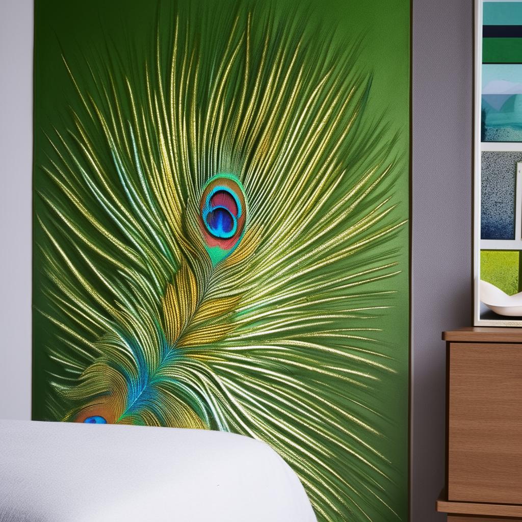 A bedroom wall featuring a vibrant design of Mor Pankh, the peacock feather, beautifully painted in its natural colors of green, blue, and gold.