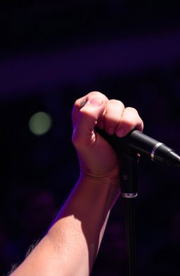 A close-up of a hand gripping a microphone tightly, showcasing details such as the texture of the hand and the microphone