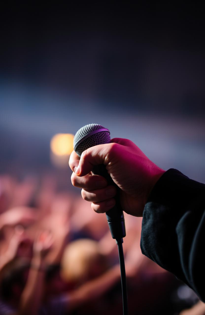 A close-up of a hand gripping a microphone tightly, showcasing details such as the texture of the hand and the microphone