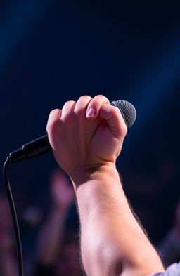 A close-up of a hand gripping a microphone tightly, showcasing details such as the texture of the hand and the microphone