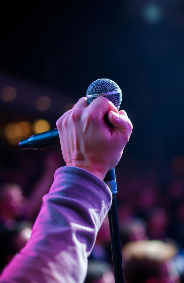 A close-up of a hand gripping a microphone tightly, showcasing details such as the texture of the hand and the microphone