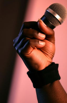 A beautifully detailed image of a black hand gripping a shiny metallic microphone, with focus on the texture of the skin and the gleaming microphone surface