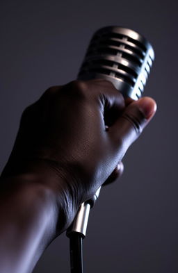 A beautifully detailed image of a black hand gripping a shiny metallic microphone, with focus on the texture of the skin and the gleaming microphone surface