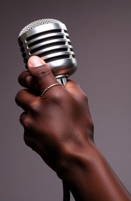 A beautifully detailed image of a black hand gripping a shiny metallic microphone, with focus on the texture of the skin and the gleaming microphone surface