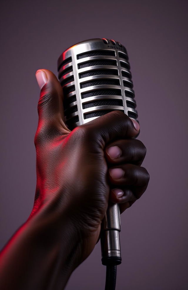 A beautifully detailed image of a black hand gripping a shiny metallic microphone, with focus on the texture of the skin and the gleaming microphone surface