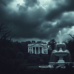 A dark and gloomy sky with thick clouds overhead, casting a shadow over a vast and eerie forest filled with menacing trees that have sharp branches