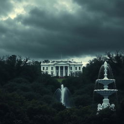 A dark and gloomy sky with thick clouds overhead, casting a shadow over a vast and eerie forest filled with menacing trees that have sharp branches