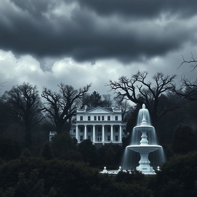 A dark and gloomy sky with thick clouds overhead, casting a shadow over a vast and eerie forest filled with menacing trees that have sharp branches