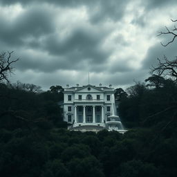 A dark and gloomy sky with thick clouds overhead, casting a shadow over a vast and eerie forest filled with menacing trees that have sharp branches