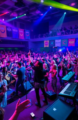 A vibrant and energetic music competition scene filled with enthusiastic musicians and singers performing on stage