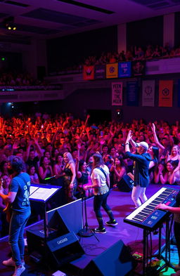 A vibrant and energetic music competition scene filled with enthusiastic musicians and singers performing on stage
