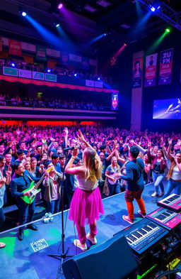 A vibrant and energetic music competition scene filled with enthusiastic musicians and singers performing on stage