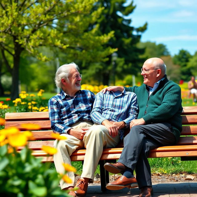 Two elderly men sitting on a wooden park bench, smiling and chatting with each other