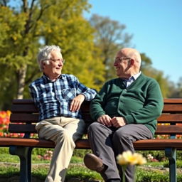 Two elderly men sitting on a wooden park bench, smiling and chatting with each other