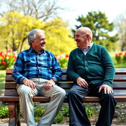 Two elderly men sitting on a wooden park bench, smiling and chatting with each other